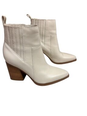 Marc Fisher Marela Pointed Toe Ivory Leather Ankle Booties with Stacked Heel